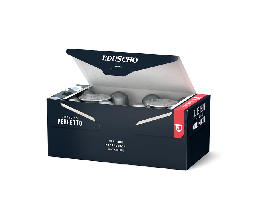 Geöffnete, dunkelblaue Verpackung Eduscho Ristretto Perfetto mit 20 Kaffeekapseln für Nespresso Maschinen.