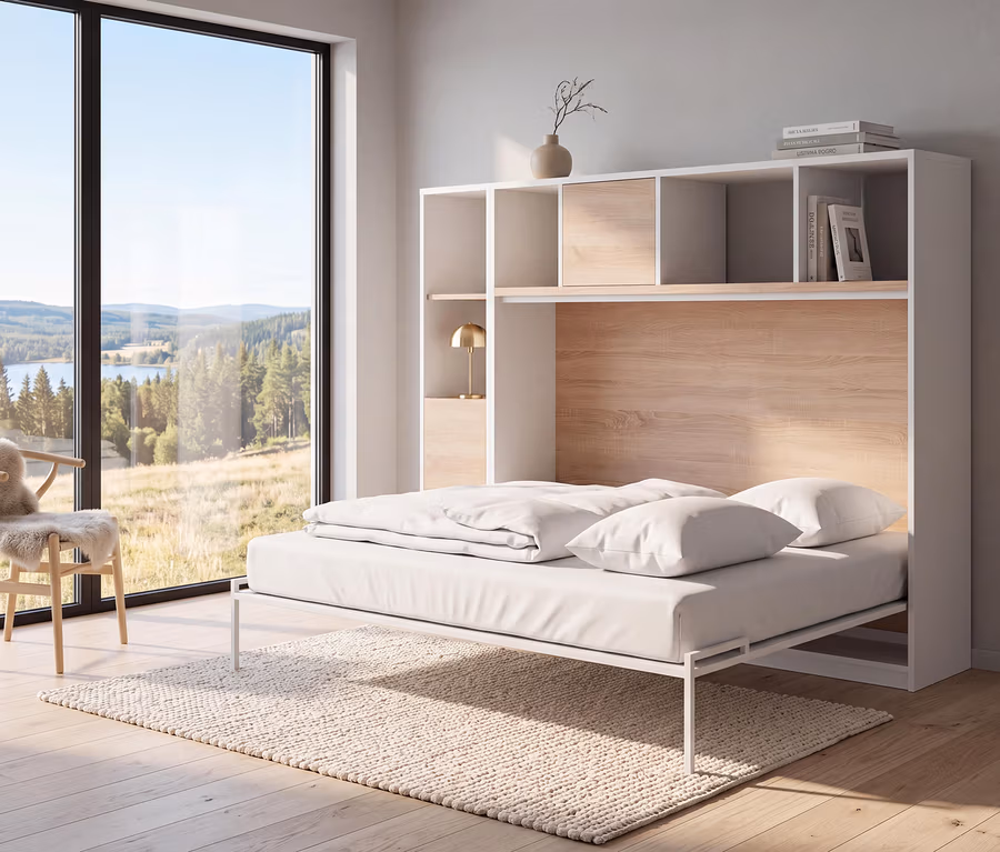 Ein modernes Zimmer mit einem geöffneten weißen Roba Wandklappbett »Verso«, 90 x 200, mit weißer Bettwäsche. Die Betteinheit hat weiße Regale mit hellen Holzdetails, auf denen Bücher und Deko stehen. Ein großes Fenster blickt auf einen See und Wald, daneben ein Holzstuhl mit Fellüberwurf. Ein heller Teppich liegt auf dem Holzboden.