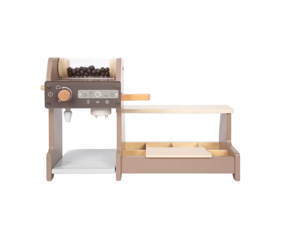 small foot Barista-Set aus Holz in Braun und Hellbraun, mit Kaffeemaschine, Theke und Fächern.