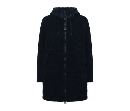 Dunkelblaue CECIL Jacke aus Teddyfell mit Kapuze und durchgehendem Reißverschluss.