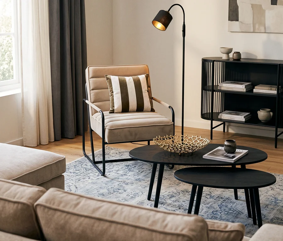 Ein Wohnzimmer mit einem beigen Ecksofa »Veluno«, einem cremefarbenen Eglo Stuhl »Pakotkuara« mit gestreiftem Kissen, zwei schwarzen Eglo Tischen »ALORAN« und einer schwarzen Reality Stehleuchte »Tommy«. Ein Benuta Teppich »Frencie« liegt am Boden, und ein grauer SCHÖNER WOHNEN-Kollektion Verdunkelungsvorhang »OPACO« hängt am Fenster. Im Hintergrund steht ein schwarzes Eglo Regal »DINSOR« und auf dem Tisch eine Schale »Kimitsu«.