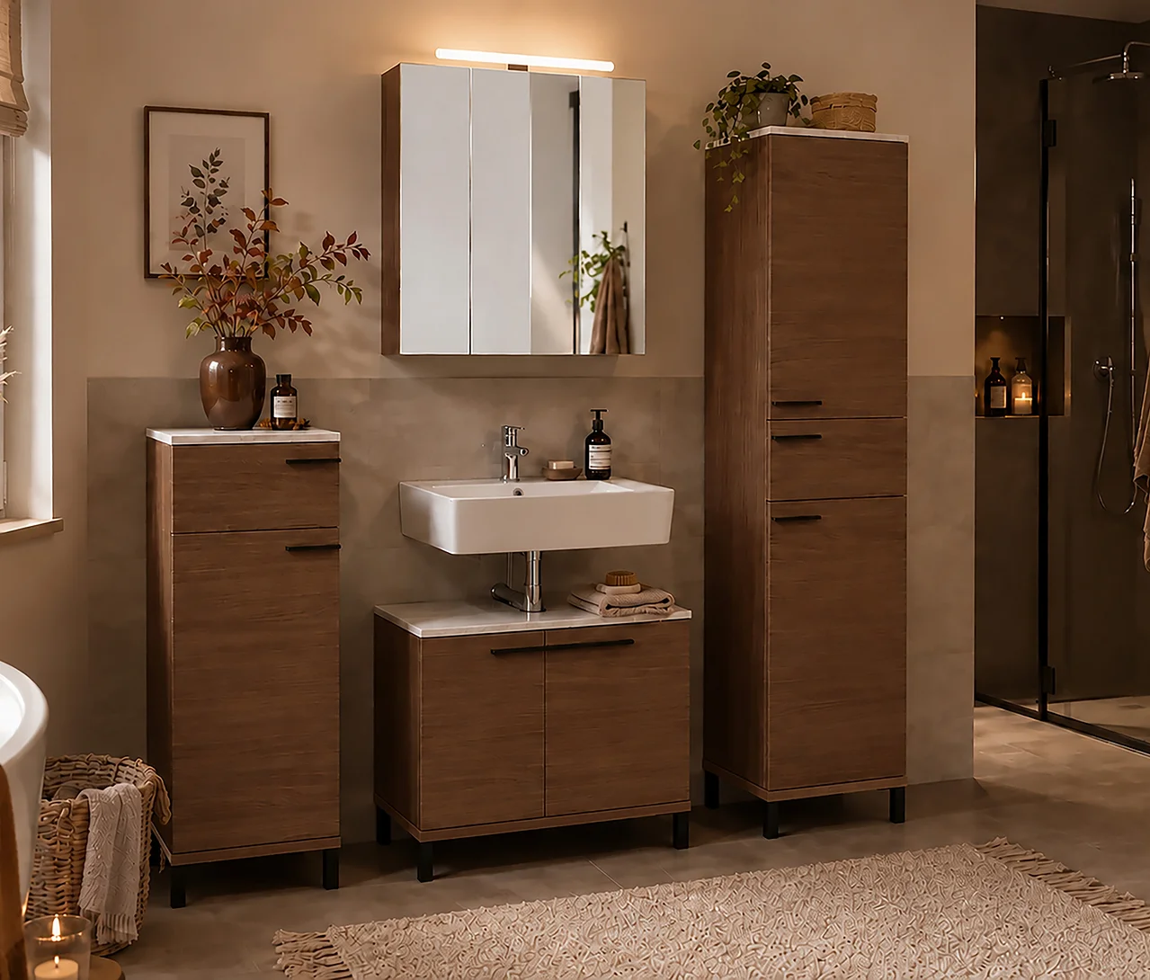 Modernes Badezimmer mit braunen Holzmöbeln. Über einem weißen Waschbecken hängt ein Spiegelschrank »Ston«. Links vom Waschbecken steht ein schmaler Badschrank »Ston«, klein, rechts ein breiter Badschrank »Ston«, groß. Unter dem Waschbecken befindet sich ein brauner Unterschrank. Ein beiger Teppich liegt auf dem Boden.