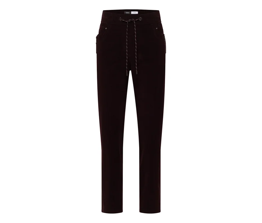Dunkelbraune CECIL Cordhose mit elastischem Bund, Kordelzug und Reißverschlusstaschen.