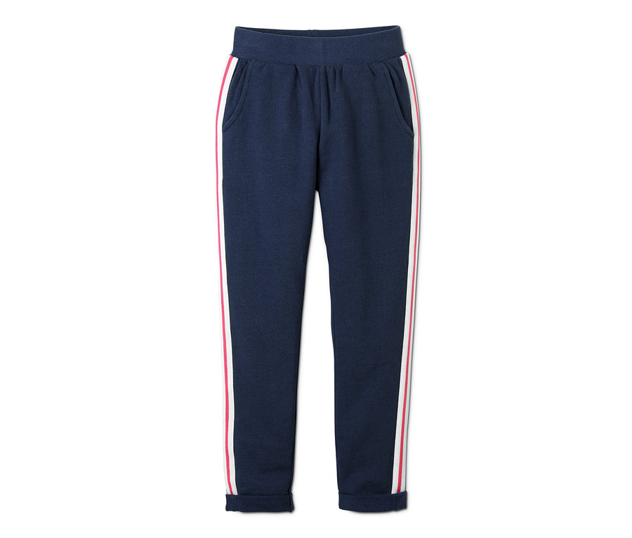Marineblaue Sweathose mit rosa-weißen Streifen an den Seiten.