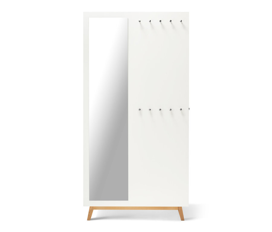 Weißer multifunktionaler Flurschrank mit Spiegel und Haken.