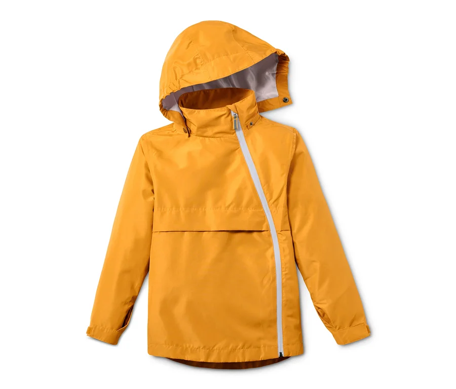 Gelbe Allwetterjacke aus recyceltem Material mit Kapuze.