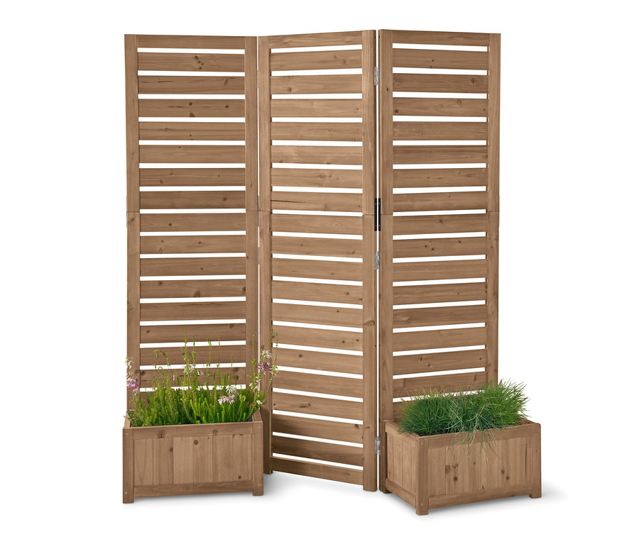 Ein dreiteiliger Paravent »Tinus« mit Pflanzkästen, von denen zwei bepflanzt sind.