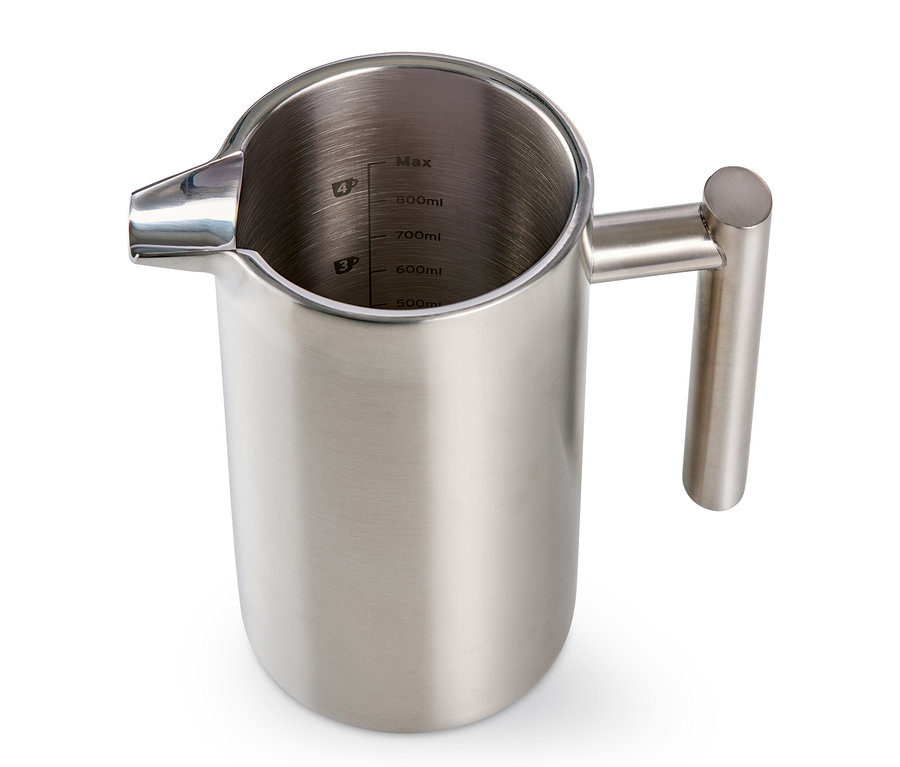 Eine doppelwandige Siebstempelkanne aus Edelstahl mit 900 ml Fassungsvermögen.