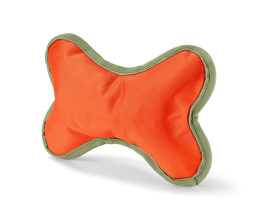 Orangefarbenes Hundespielzeug »Knochen« mit olivgrünem Rand.