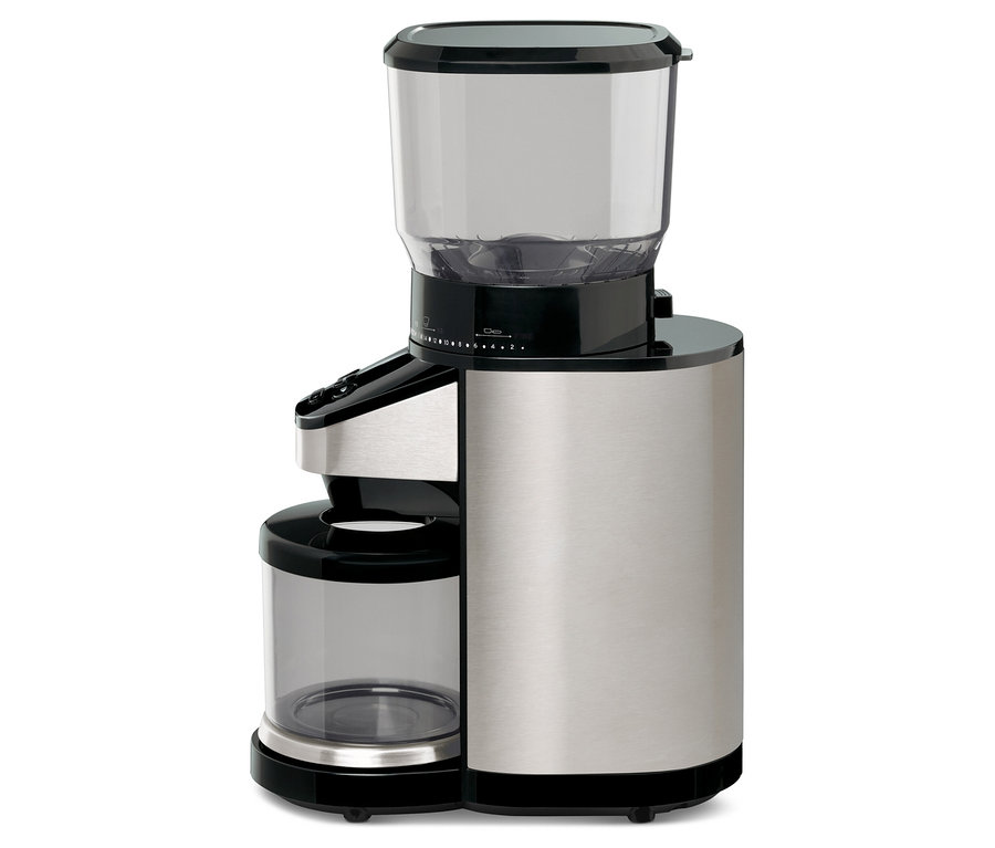 Elektrische Kaffeemühle mit Waage aus Edelstahl.