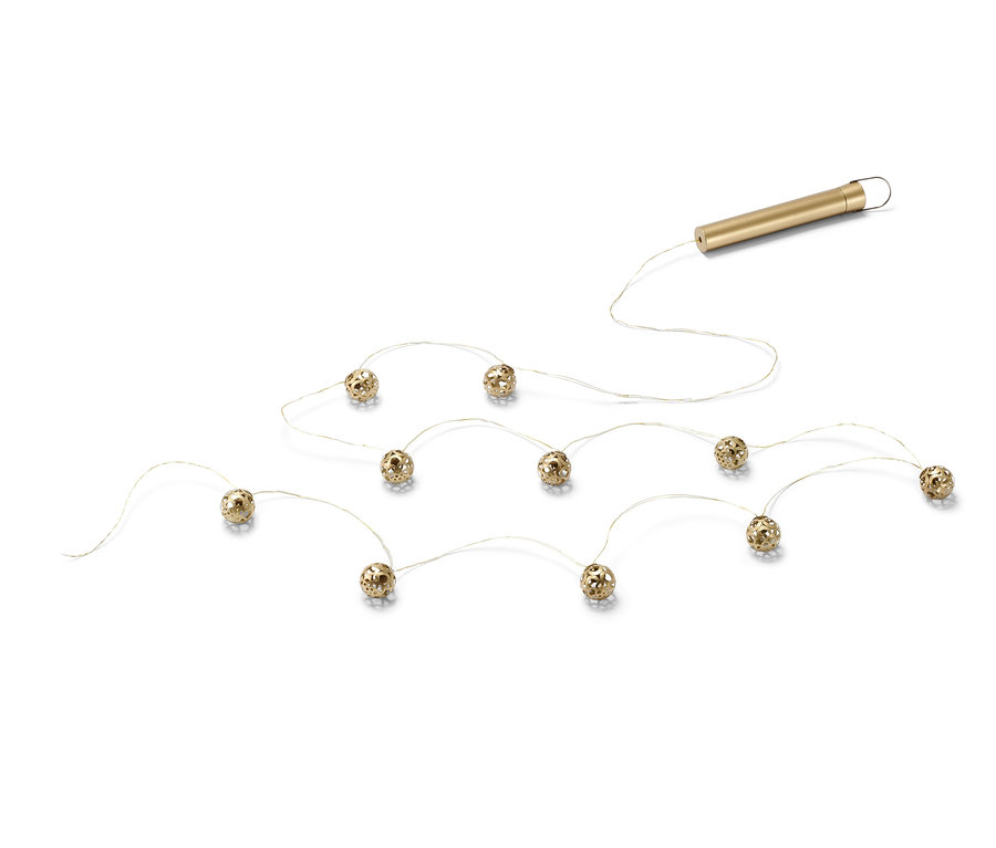Goldene LED-Lichterkette mit zehn dekorativen Kugeln.