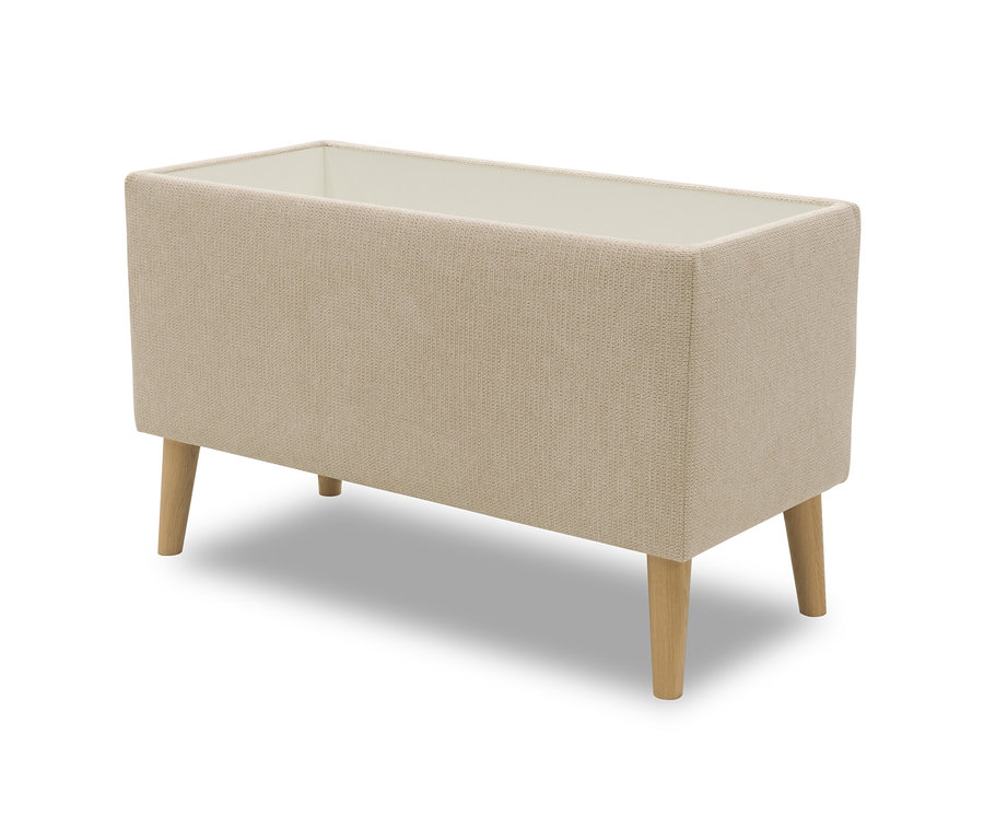 Beiger DOMO Hocker mit Staufach vor weißem Hintergrund.