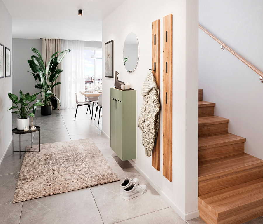 Eingangsbereich mit Mehrzweckschrank »Ameca«, taupegrün, Spiegel, Garderobe und Treppe.