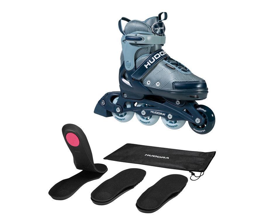 Blaugraue HUDORA Inline Skates »Leon 2.0« mit schwarzen Einlagen und schwarzer Tasche.