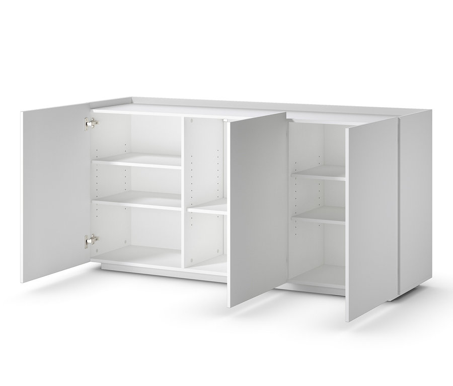 Weißes Sideboard mit drei offenen Türen, die Regale freigeben.