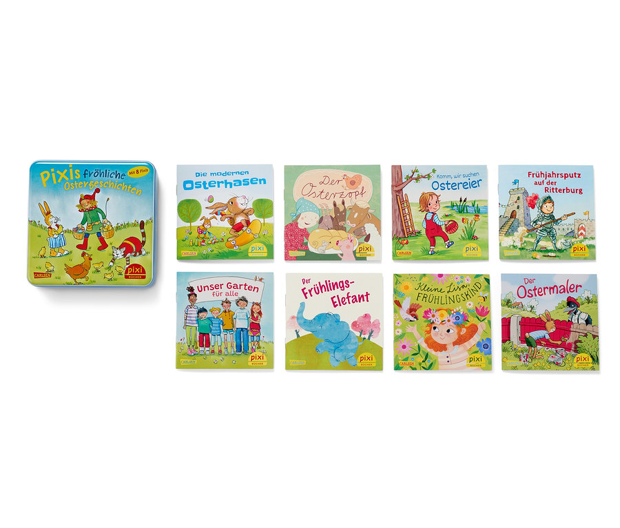 Eine Sammlung von Pixi-Büchern mit fröhlichen Ostergeschichten und andere Pixi-Bücher zum Thema Ostern.