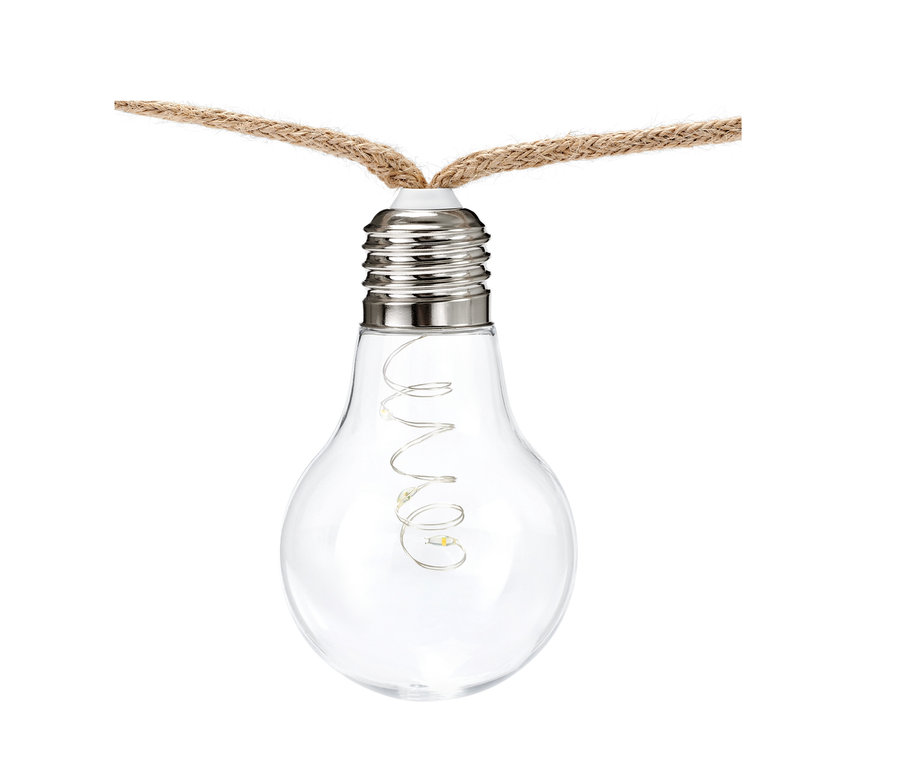 Detail einer Solar-Lichterkette mit Juteseil und Glühbirne mit LED-Leuchten im Inneren.