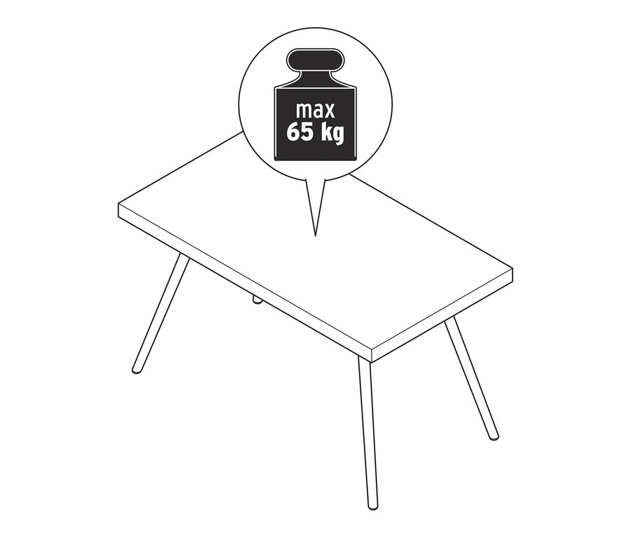 Skizze eines Couchtischs mit Polyzement-Tischplatte und maximaler Belastung von 65 kg.