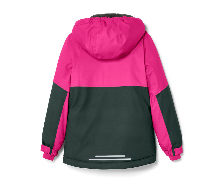 Detailansicht der Rückseite einer rosa-schwarzen Kinder-Skijacke.