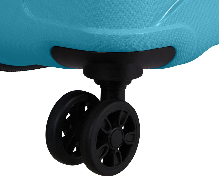 Detailaufnahme der Räder eines großen, hellblauen American Tourister »Jetdriver 3.0« Koffers.