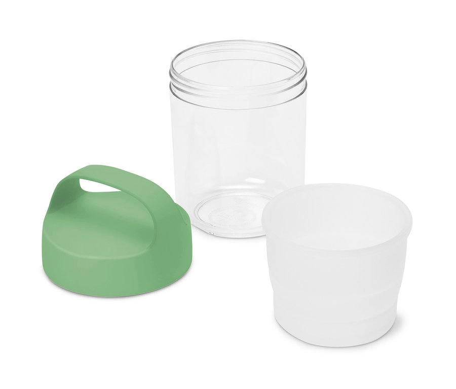 Ein zerlegter To-Go-Behälter mit Henkel, klein, mit Deckel, transparentem Behälter und weißem Einsatz.