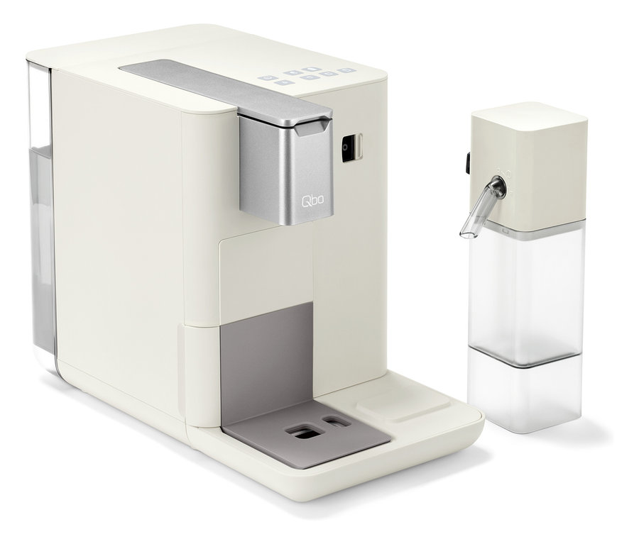 Eine weiße Qbo MILK MASTER und ein Milchbehälter.