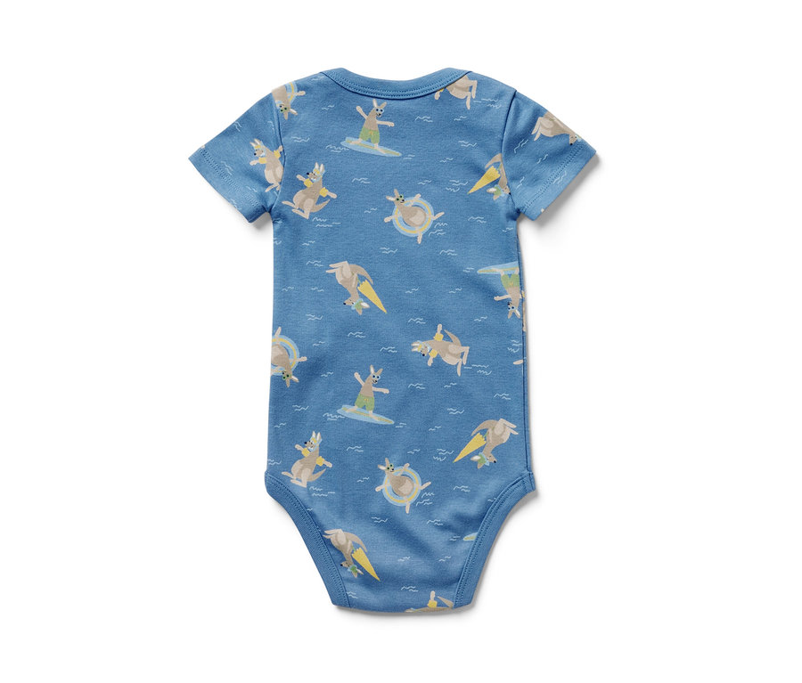 Blauer Baby-Kurzarmbody mit Känguru-Motiv, 5 Stück.