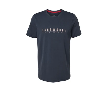 Blaues T-Shirt mit Wald-Print.