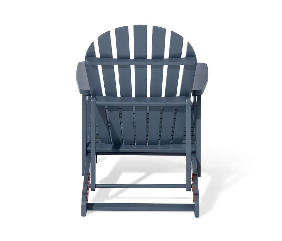 Rückansicht eines blauen Single Adirondack Relax-Sessels mit ausziehbarer Fußlehne.