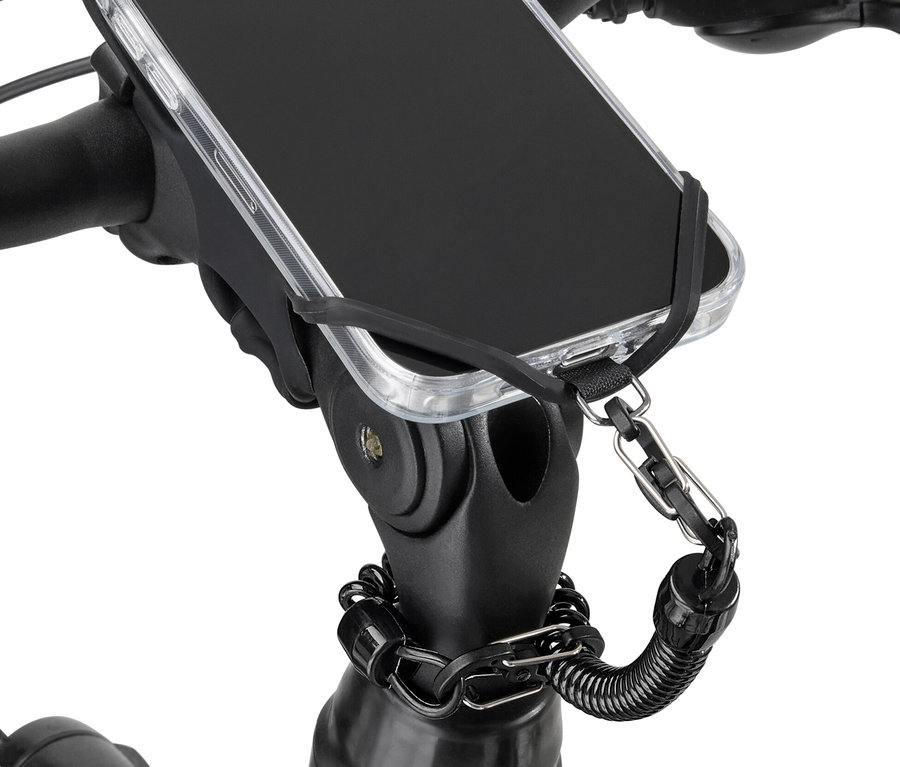 Ein Mobiltelefon ist mit einer Handy-Sicherheitskette an einem Fahrradlenker befestigt.