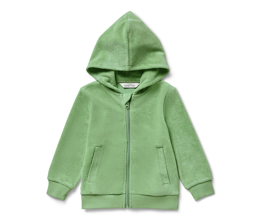 Grüne Kinder-Frottier-Jacke mit Reißverschluss und Kapuze.