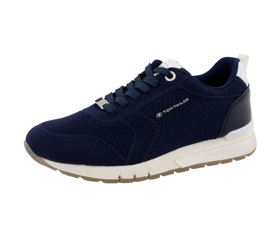 Detailaufnahme eines marineblauen Tom Tailor Sneakers aus Textil/PU mit weißer Sohle.