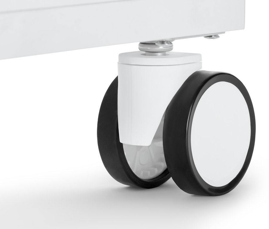 Detailaufnahme der Rollen eines Rollcontainers mit Schubladen.