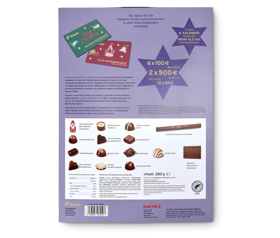 Detailansicht der Rückseite eines violetten Adventskalenders mit Abbildungen von Pralinen, Gutscheinen und Preisinformationen. Aufgedruckt ist der Tchibo Adventskalender.