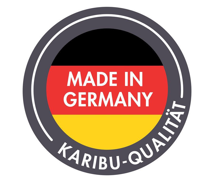 Runder Aufkleber mit der deutschen Flagge, dem Text „MADE IN GERMANY“ und „Karibu-Qualität“.