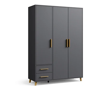 Dreitüriger Drehtürenschrank Shinjo mit zwei Schubladen in Grau Metallic.