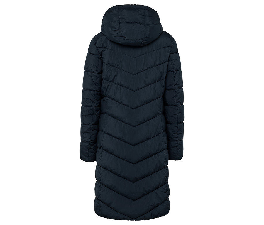 Dunkelblaue Steppjacke mit Kapuze, von hinten gesehen.