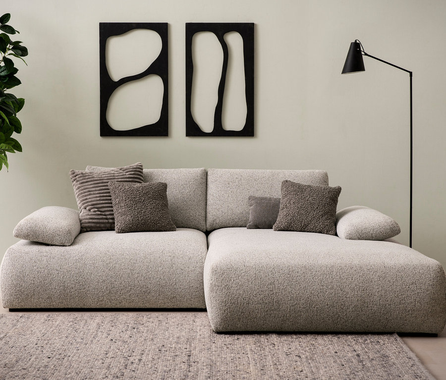 Beiges DOMO Ecksofa »Bela«, rechts, mit Armlehne und Staufach und Kissen.