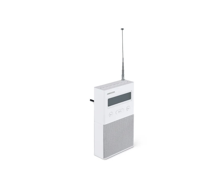 Weißes Medion-DAB+-Steckdosenradio mit Bluetooth®.
