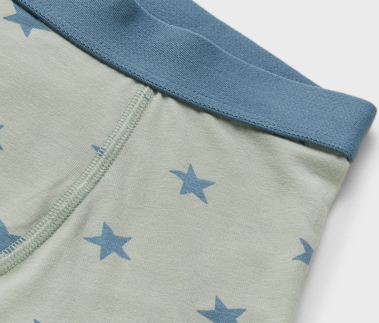 Detailansicht einer hellgrünen Boxershorts mit blauen Sternen und blauem Bund.