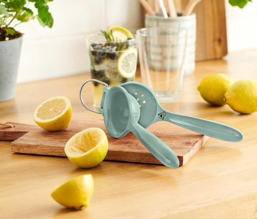 Eine blaue Zitronenpresse liegt auf einem Holzbrett neben halbierten Zitronen. Im Hintergrund befindet sich ein Glas mit Zitrone und Blaubeeren.