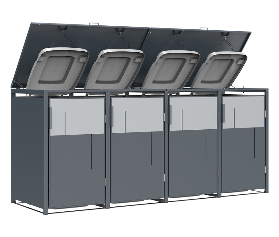 Vier graue Mülltonnen mit geöffneten Deckeln.