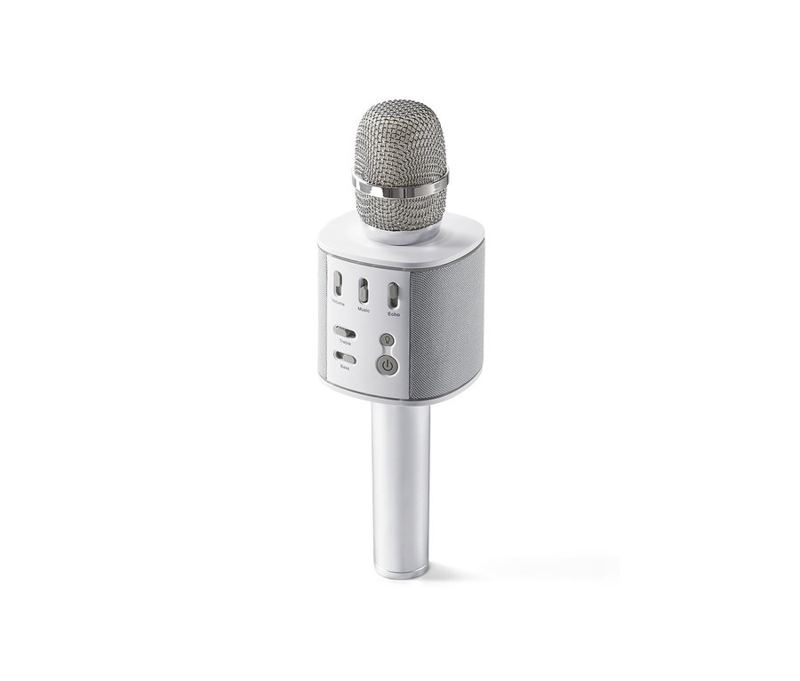 Ein silbernes Bluetooth®-Karaoke-Mikrofon vor einem weißen Hintergrund.