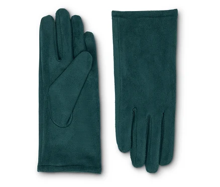 Ein Paar petrolfarbene Handschuhe in Velourslederoptik liegen nebeneinander.