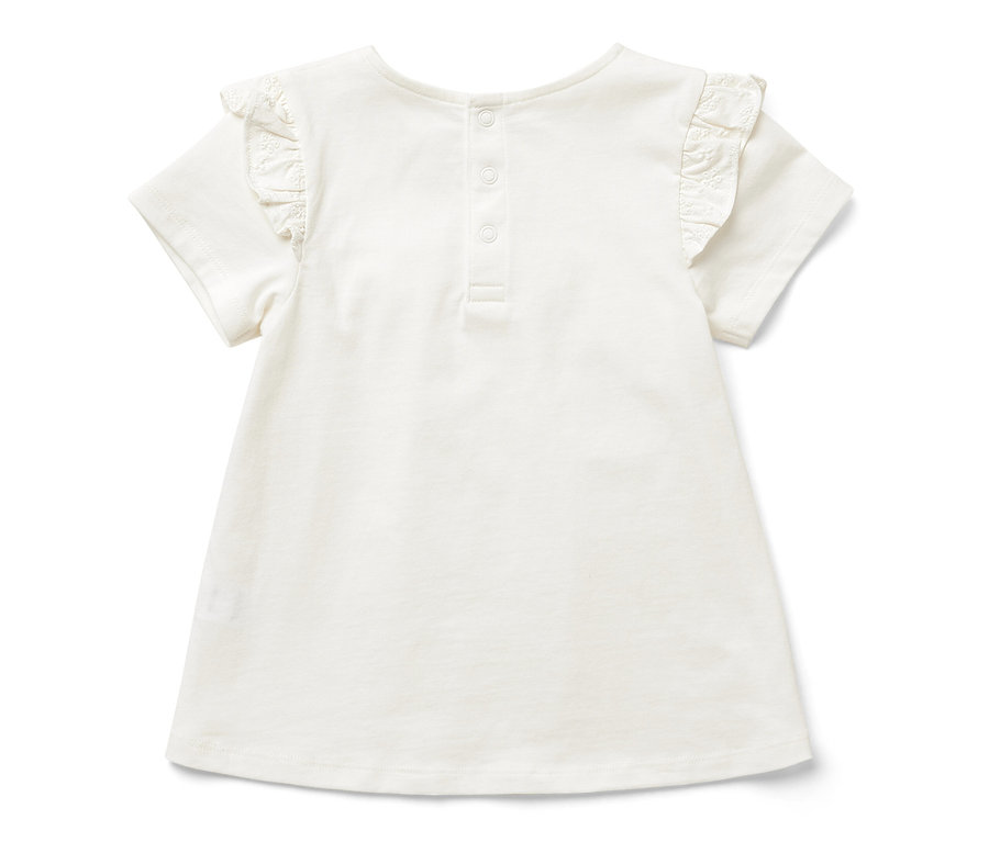 Weißes Kinder-T-Shirt mit kurzen Ärmeln und Rüschen.