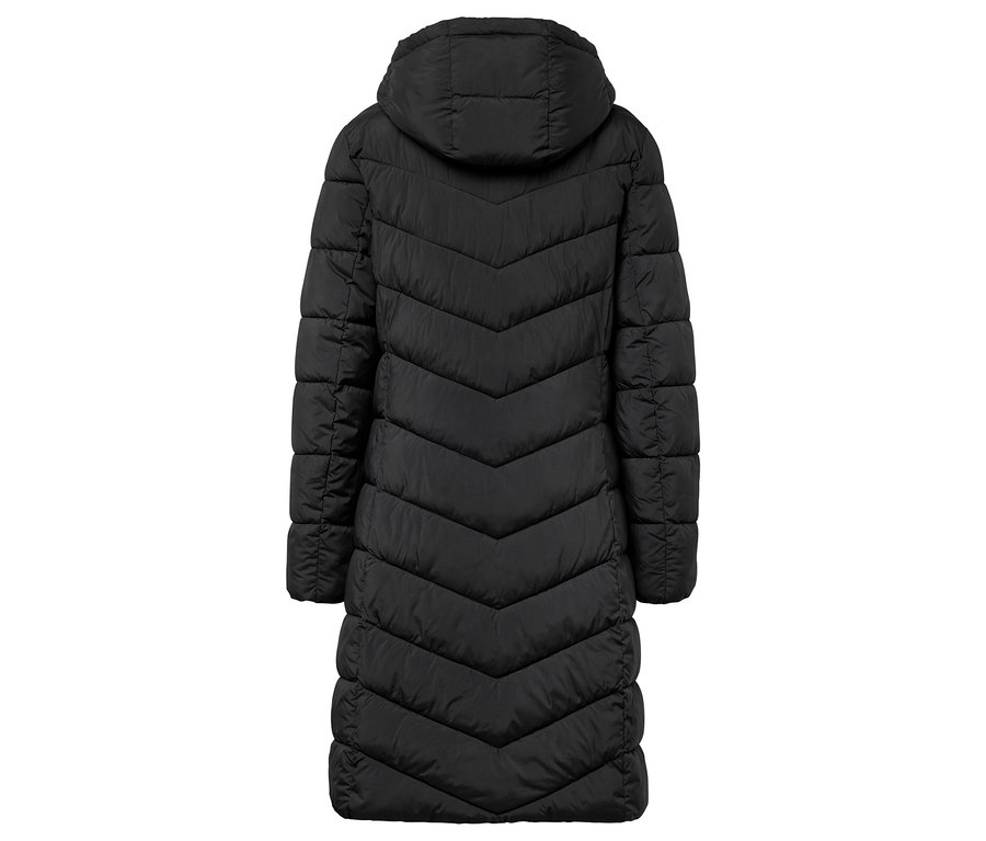 Schwarze Steppjacke mit Kapuze, Rückansicht.
