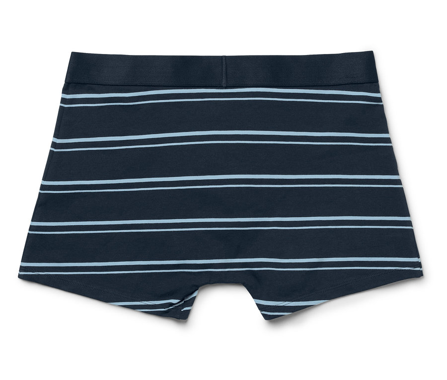 Herren Boxershorts mit dunkelblauen und hellblauen horizontalen Streifen auf weißem Hintergrund.