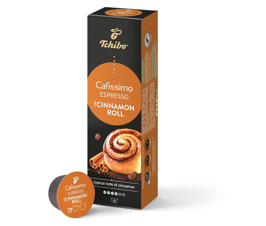 Eine Packung Cafissimo Flavoured Espresso Cinamon Roll - 10 Kapseln, mit einer einzelnen Kapsel daneben.