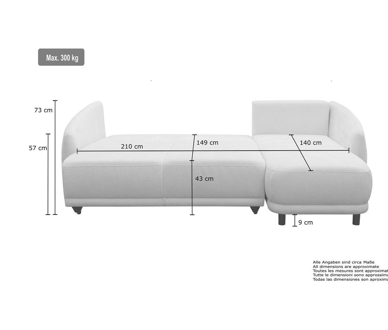Graues DOMO Ecksofa Longchair, linksbündig, mit Maßangaben.
