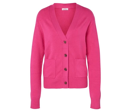 Pinke Strickjacke mit V-Ausschnitt, Knöpfen und Taschen.